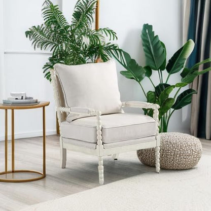 🤍 Classic Spindle Accent Chair – Cozy Linen Armchair With Wooden Frame For Living Room & Reading Corner ✨