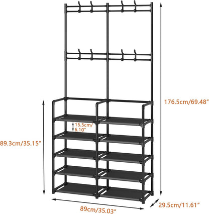 🏡 Modern Entryway Organizer – 5-Tier Shoe Rack & Coat Storage Shelf With Hooks For A Clutter-Free Home ✨