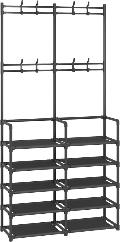 🏡 Modern Entryway Organizer – 5-Tier Shoe Rack & Coat Storage Shelf With Hooks For A Clutter-Free Home ✨