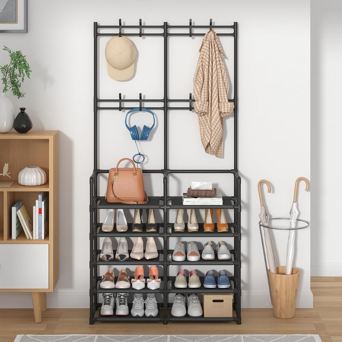 🏡 Modern Entryway Organizer – 5-Tier Shoe Rack & Coat Storage Shelf With Hooks For A Clutter-Free Home ✨