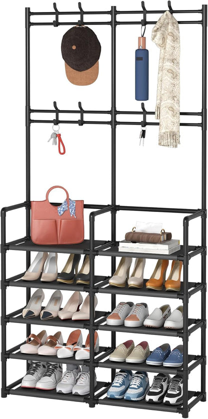 🏡 Modern Entryway Organizer – 5-Tier Shoe Rack & Coat Storage Shelf With Hooks For A Clutter-Free Home ✨
