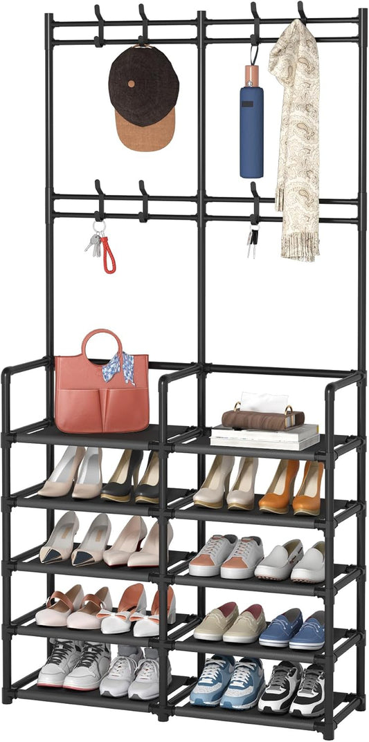 🏡 Modern Entryway Organizer – 5-Tier Shoe Rack & Coat Storage Shelf With Hooks For A Clutter-Free Home ✨