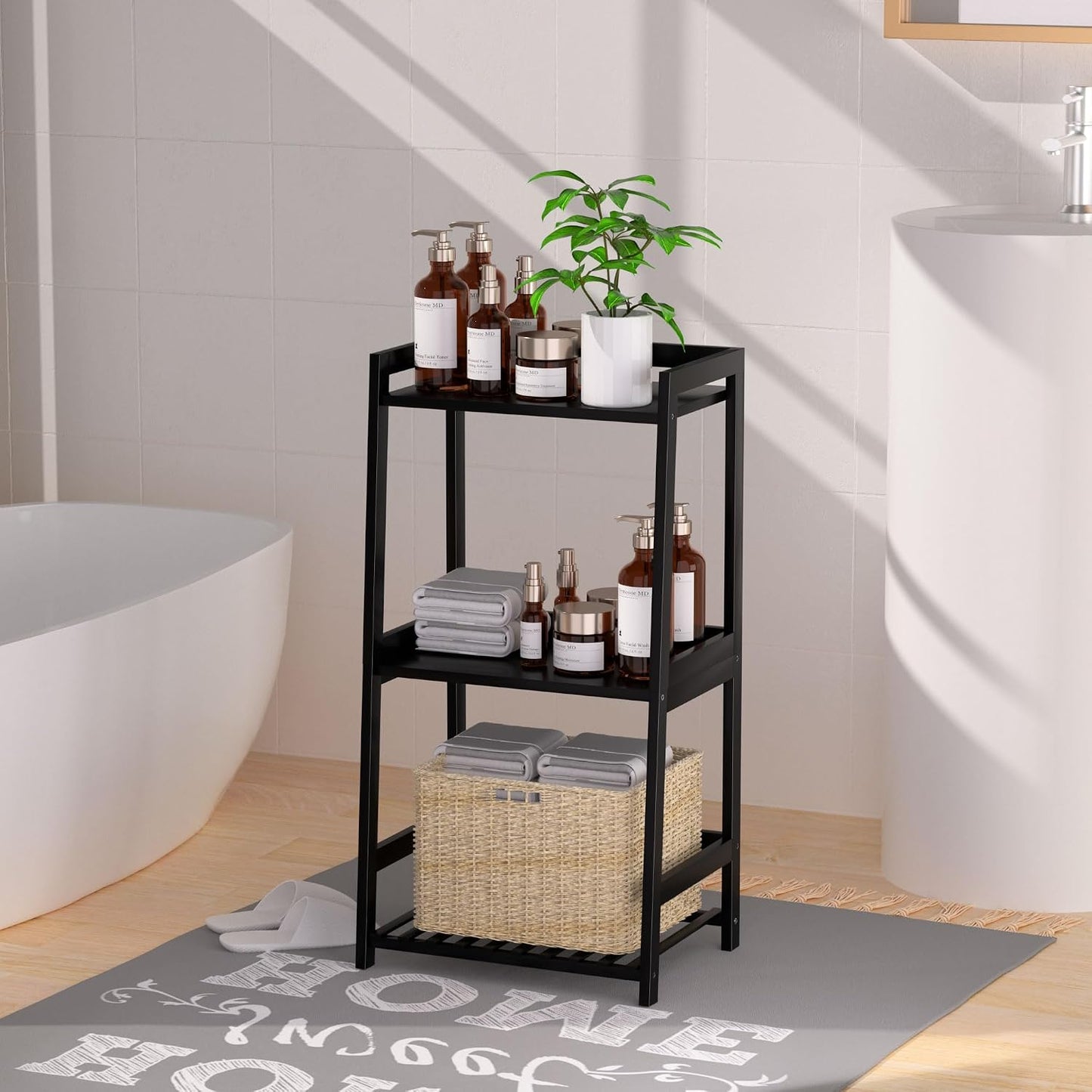 🌿 Natural Bamboo Ladder Shelf – 3-Tier Modern Storage Organizer For Plants, Books & Home Decor ✨