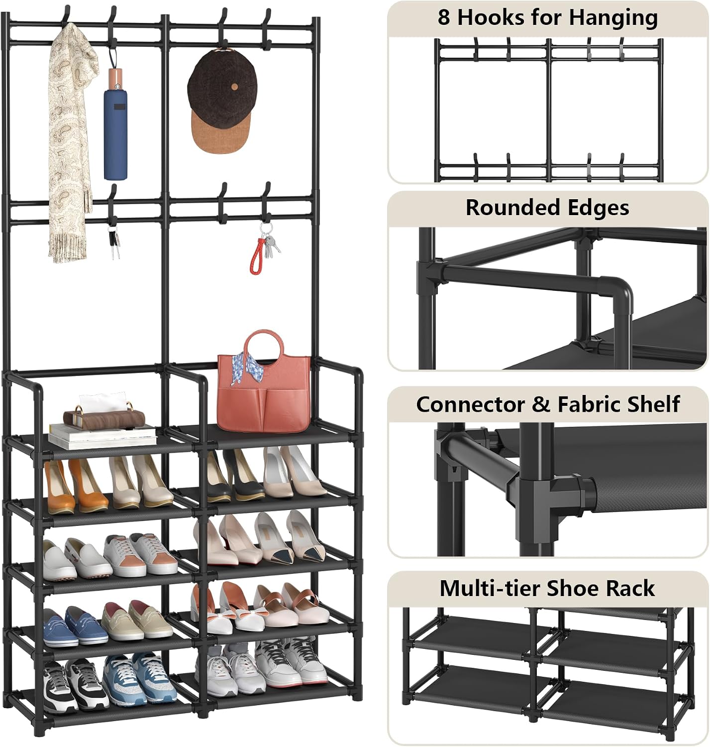 🏡 Modern Entryway Organizer – 5-Tier Shoe Rack & Coat Storage Shelf With Hooks For A Clutter-Free Home ✨