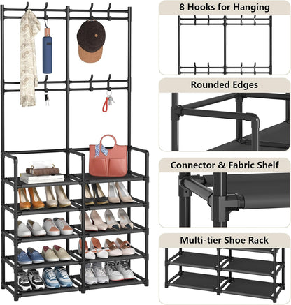 🏡 Modern Entryway Organizer – 5-Tier Shoe Rack & Coat Storage Shelf With Hooks For A Clutter-Free Home ✨