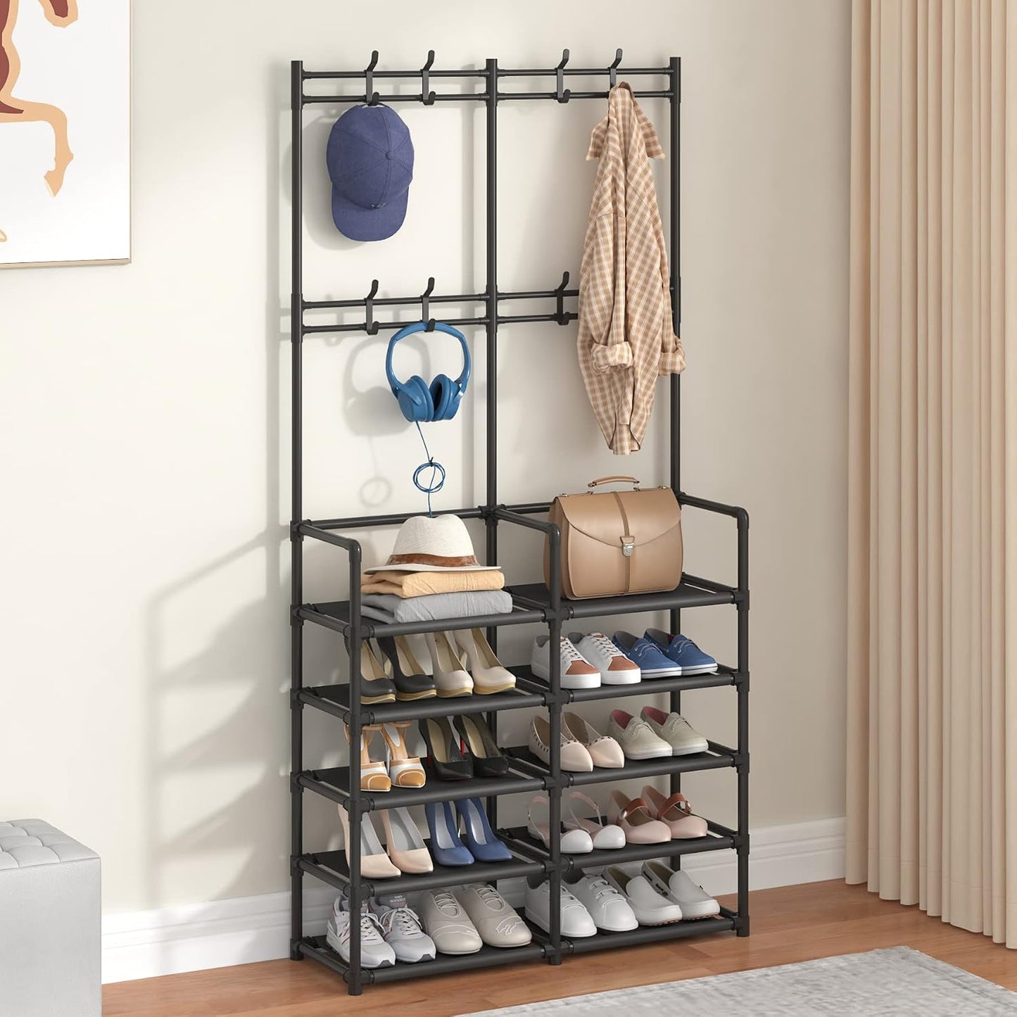 🏡 Modern Entryway Organizer – 5-Tier Shoe Rack & Coat Storage Shelf With Hooks For A Clutter-Free Home ✨