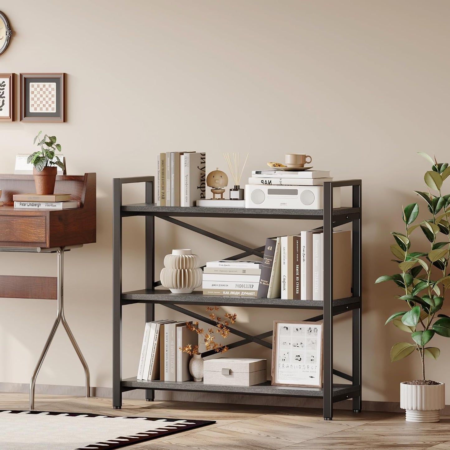 🌿 Modern Farmhouse Bookshelf – Rustic Wood & Metal Display Shelf For Living Room, Bedroom & Home Office ✨