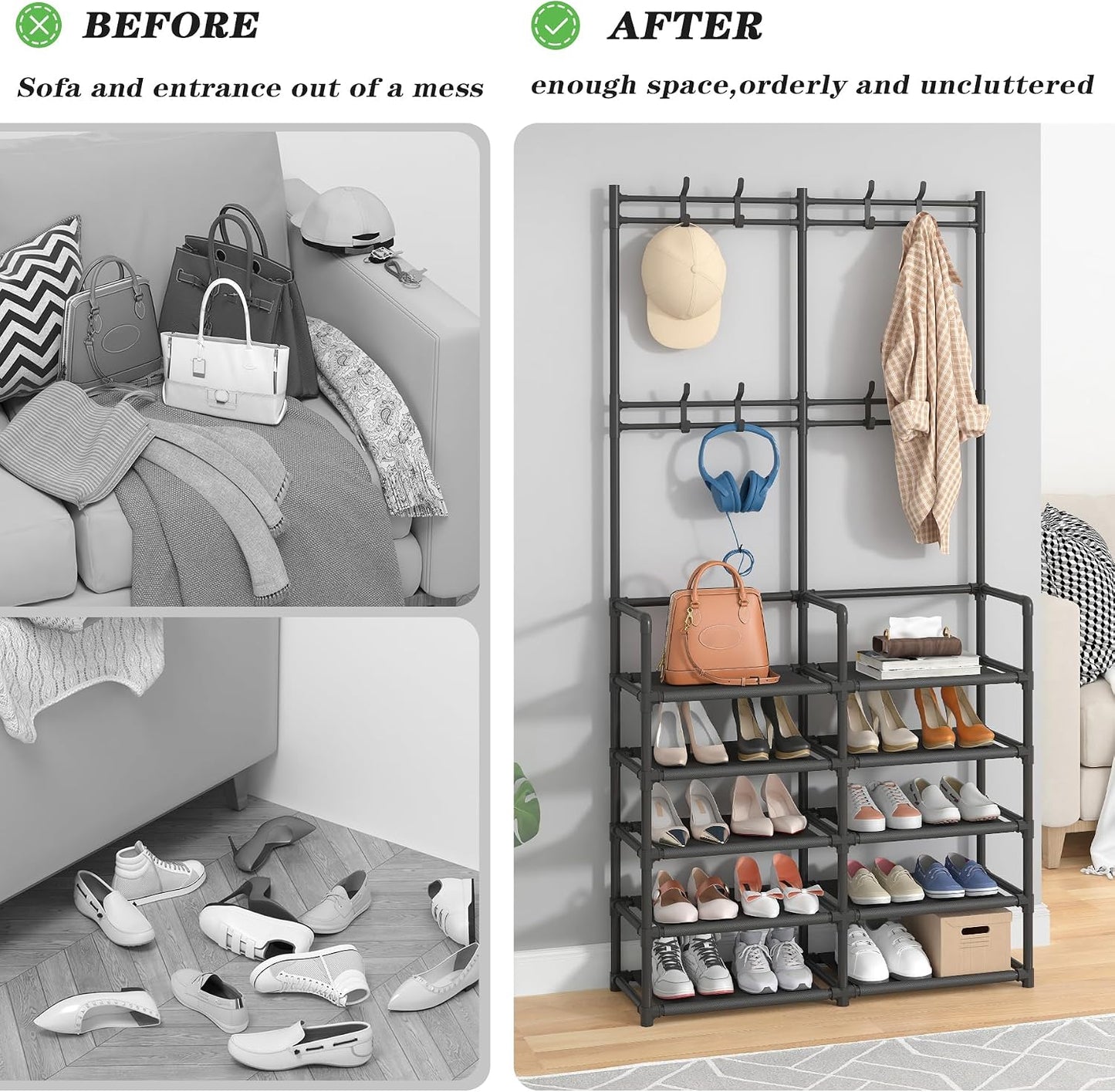 🏡 Modern Entryway Organizer – 5-Tier Shoe Rack & Coat Storage Shelf With Hooks For A Clutter-Free Home ✨