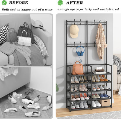 🏡 Modern Entryway Organizer – 5-Tier Shoe Rack & Coat Storage Shelf With Hooks For A Clutter-Free Home ✨