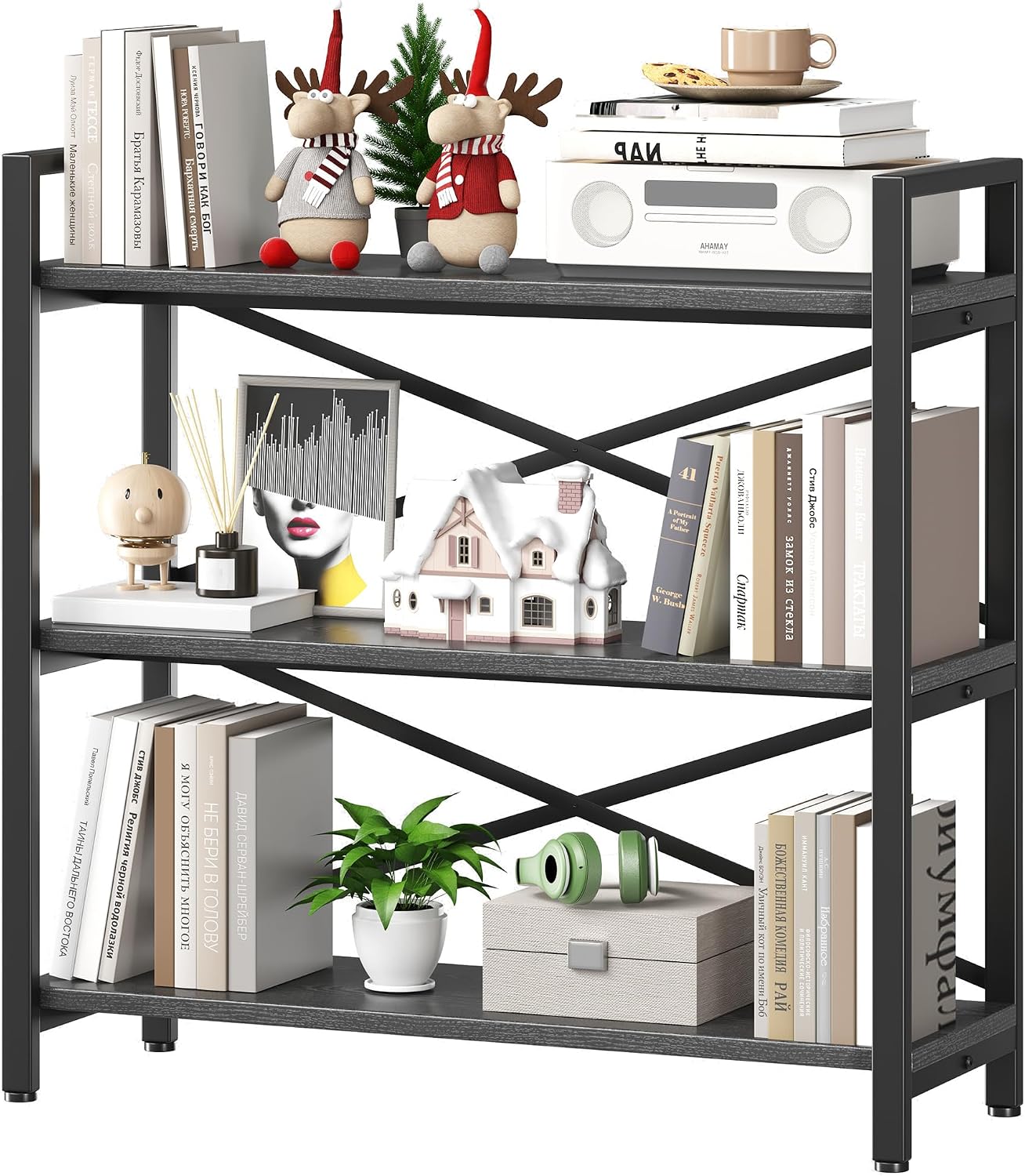 🌿 Modern Farmhouse Bookshelf – Rustic Wood & Metal Display Shelf For Living Room, Bedroom & Home Office ✨