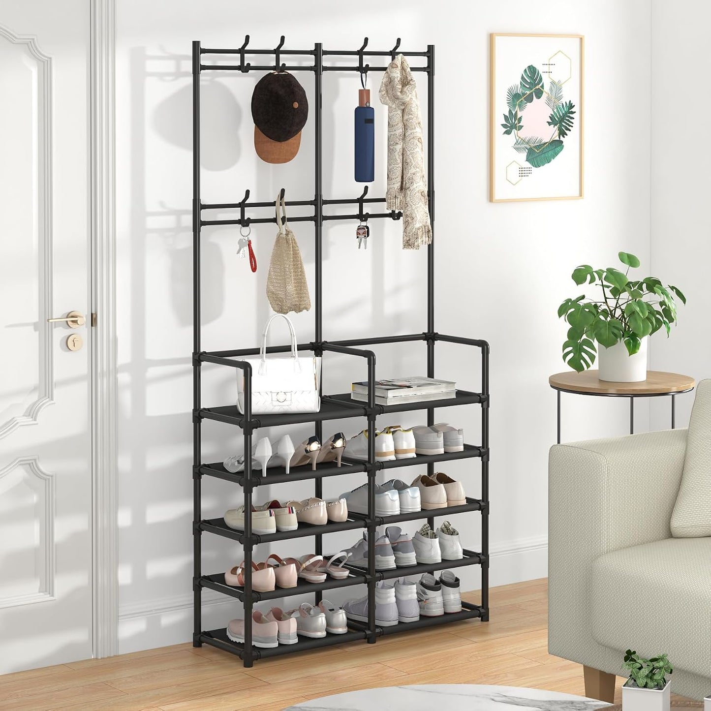 🏡 Modern Entryway Organizer – 5-Tier Shoe Rack & Coat Storage Shelf With Hooks For A Clutter-Free Home ✨