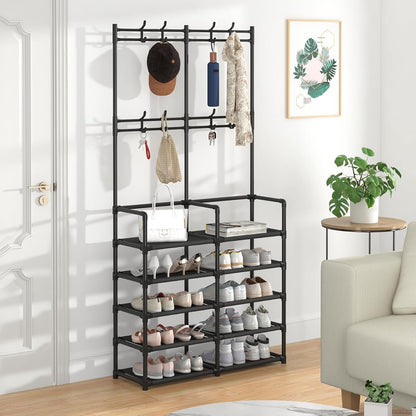 🏡 Modern Entryway Organizer – 5-Tier Shoe Rack & Coat Storage Shelf With Hooks For A Clutter-Free Home ✨