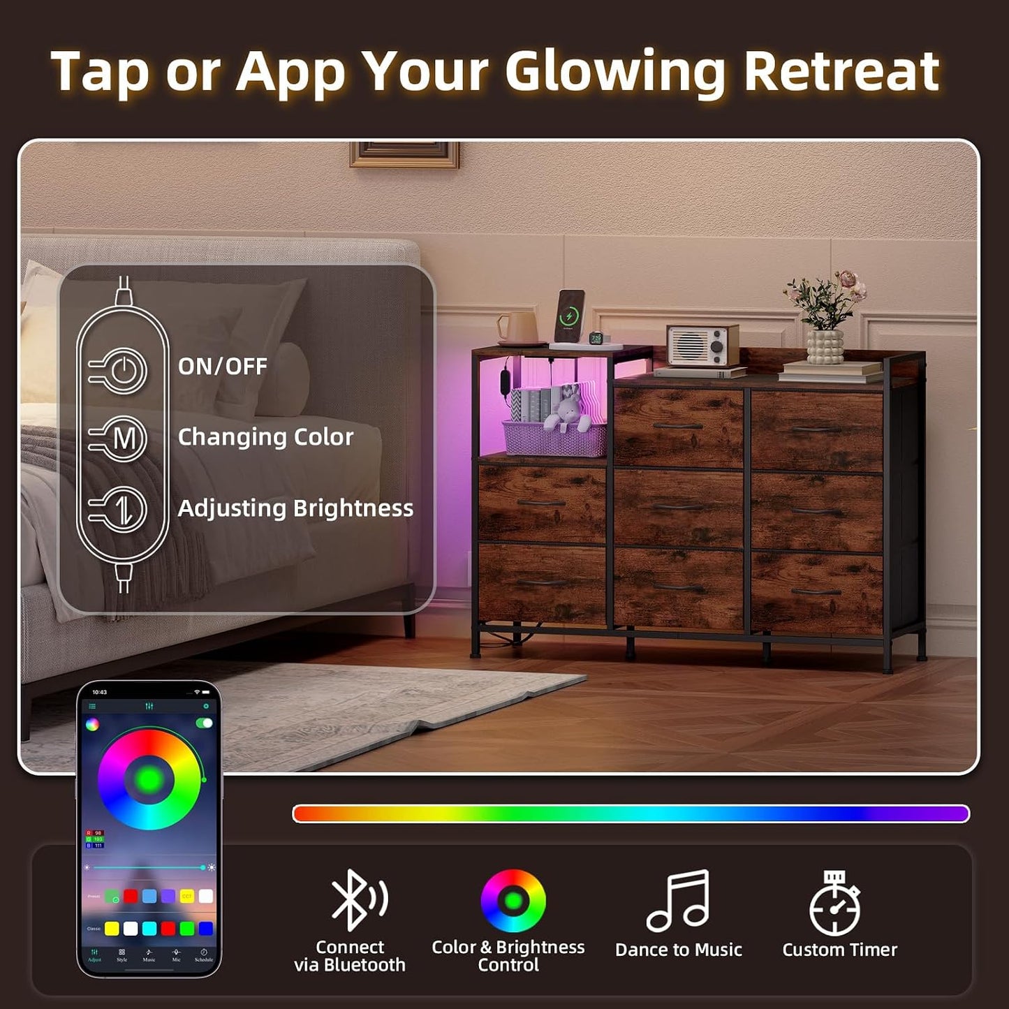 ✨ Smart LED Nightstand With Charging Station – Modern Storage Dresser For Bedroom, Dorm & Small Spaces 🔋