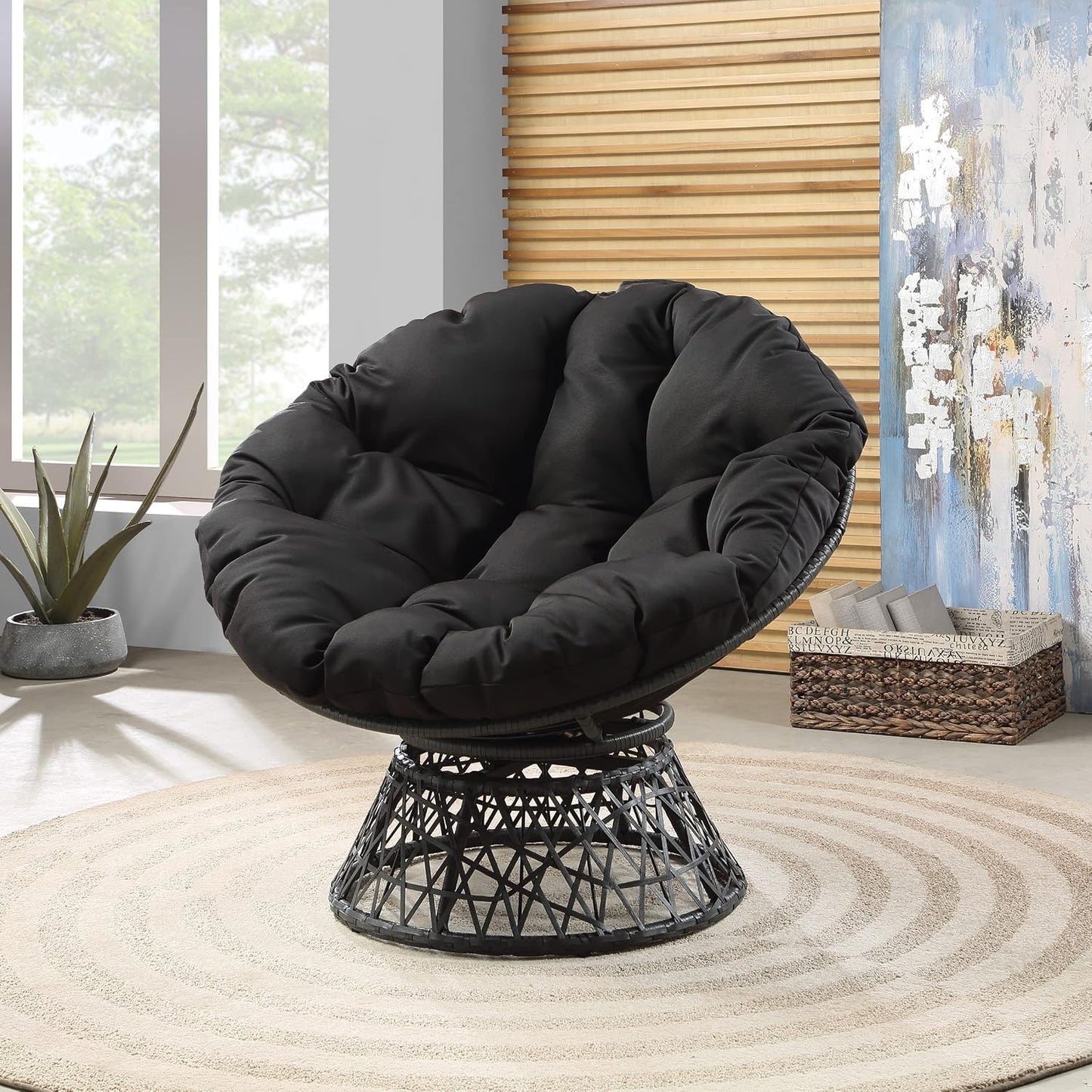 🖤 Cozy Papasan Lounge Chair – 360° Swivel Round Accent Chair For Living Room, Bedroom & Reading Corner ✨