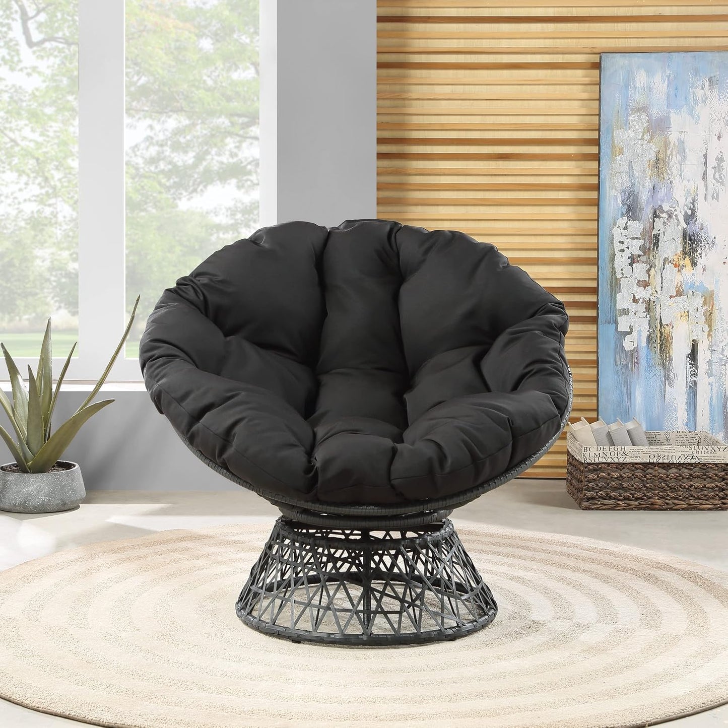 🖤 Cozy Papasan Lounge Chair – 360° Swivel Round Accent Chair For Living Room, Bedroom & Reading Corner ✨