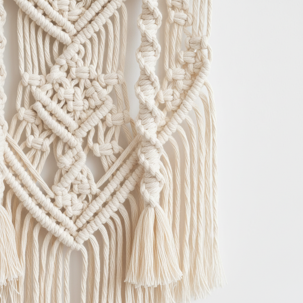 Close-up detail of macramé knots and cotton texture