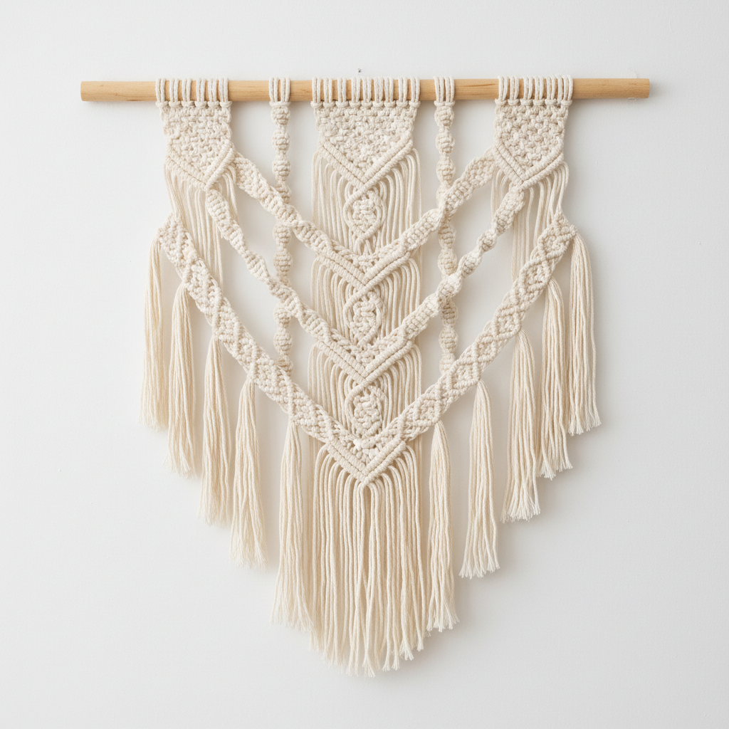 Bohemian macramé wall hanging on white wall, studio shot