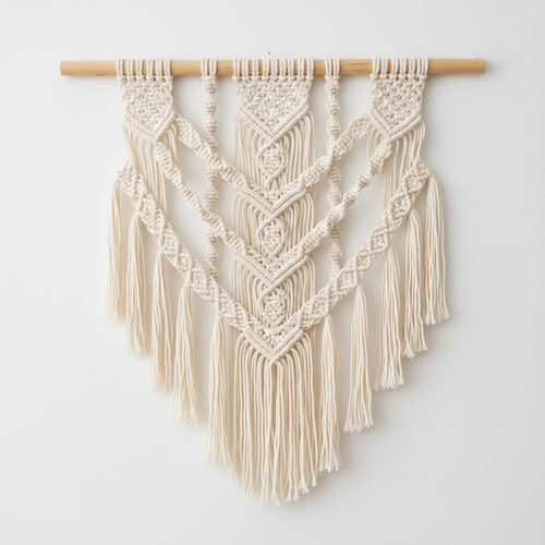 Bohemian macramé wall hanging on white wall, studio shot