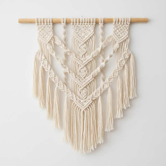 Bohemian macramé wall hanging on white wall, studio shot