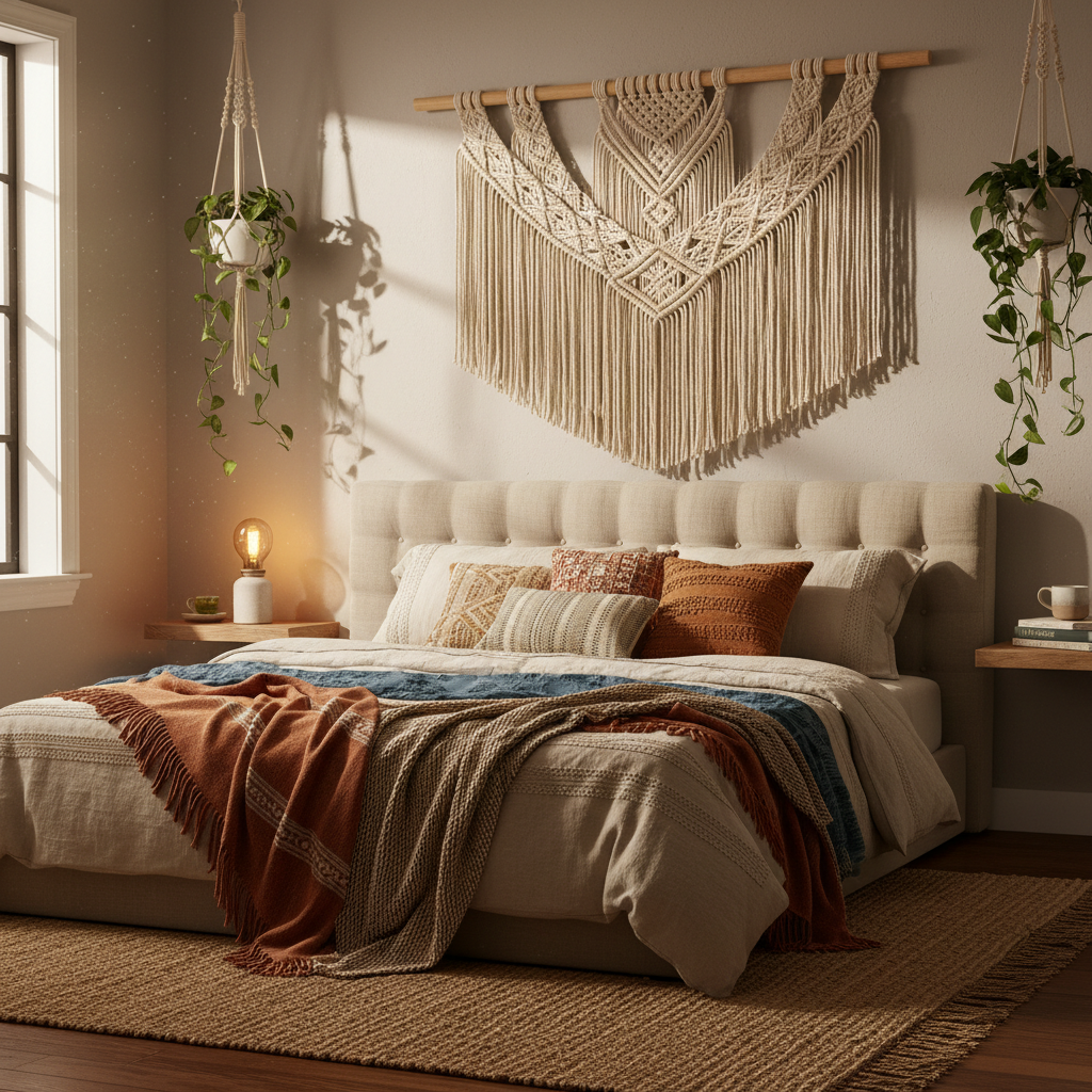 Macramé wall hanging above bed headboard in cozy bedroom