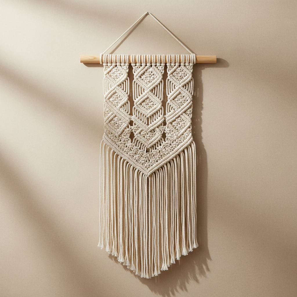 Full length view of macramé wall hanging with fringe details