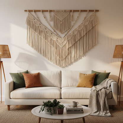 Macramé wall hanging styled in modern living room above sofa
