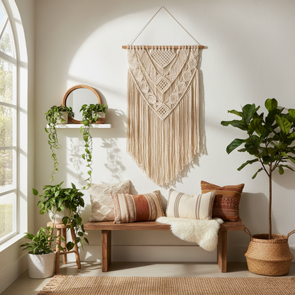 Macramé wall hanging in bright entryway with plants, boho aesthetic